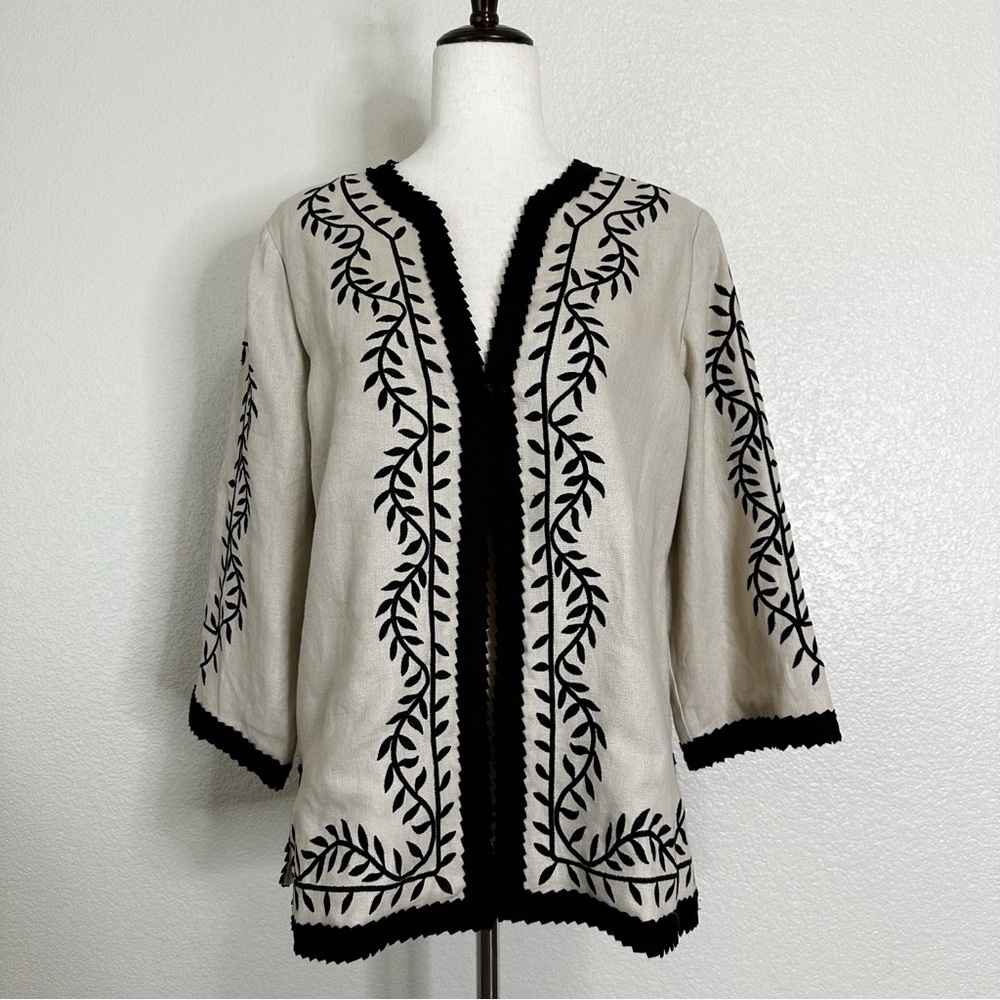 NWT Linea 100% Linen Embroidered One Button 3/4 Sleeves Blazer Jacket, Sz Medium